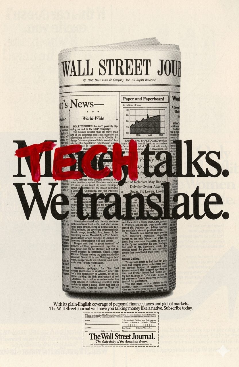 A newspaper advertisement reading &ldquo;Tech talks. We translate.&rdquo;